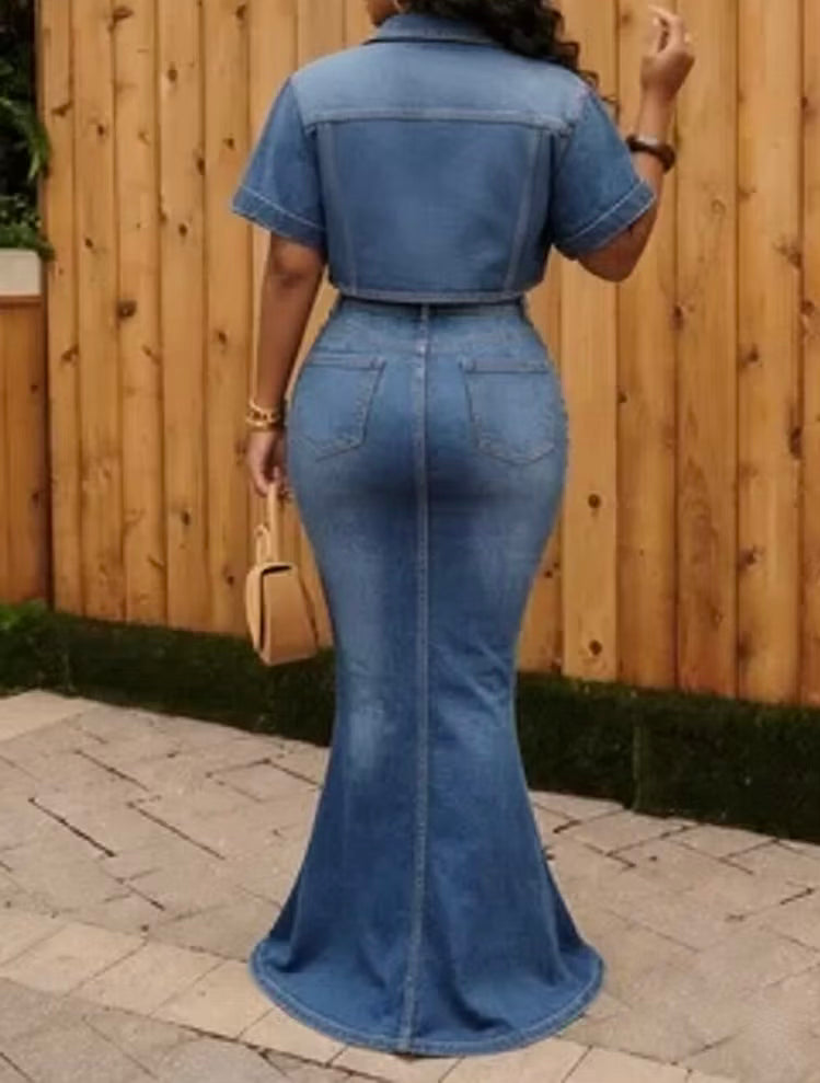 FZ Women's Short Sleeve Fishtail Casual Maxi 2pcs Denim Skirt Suit
