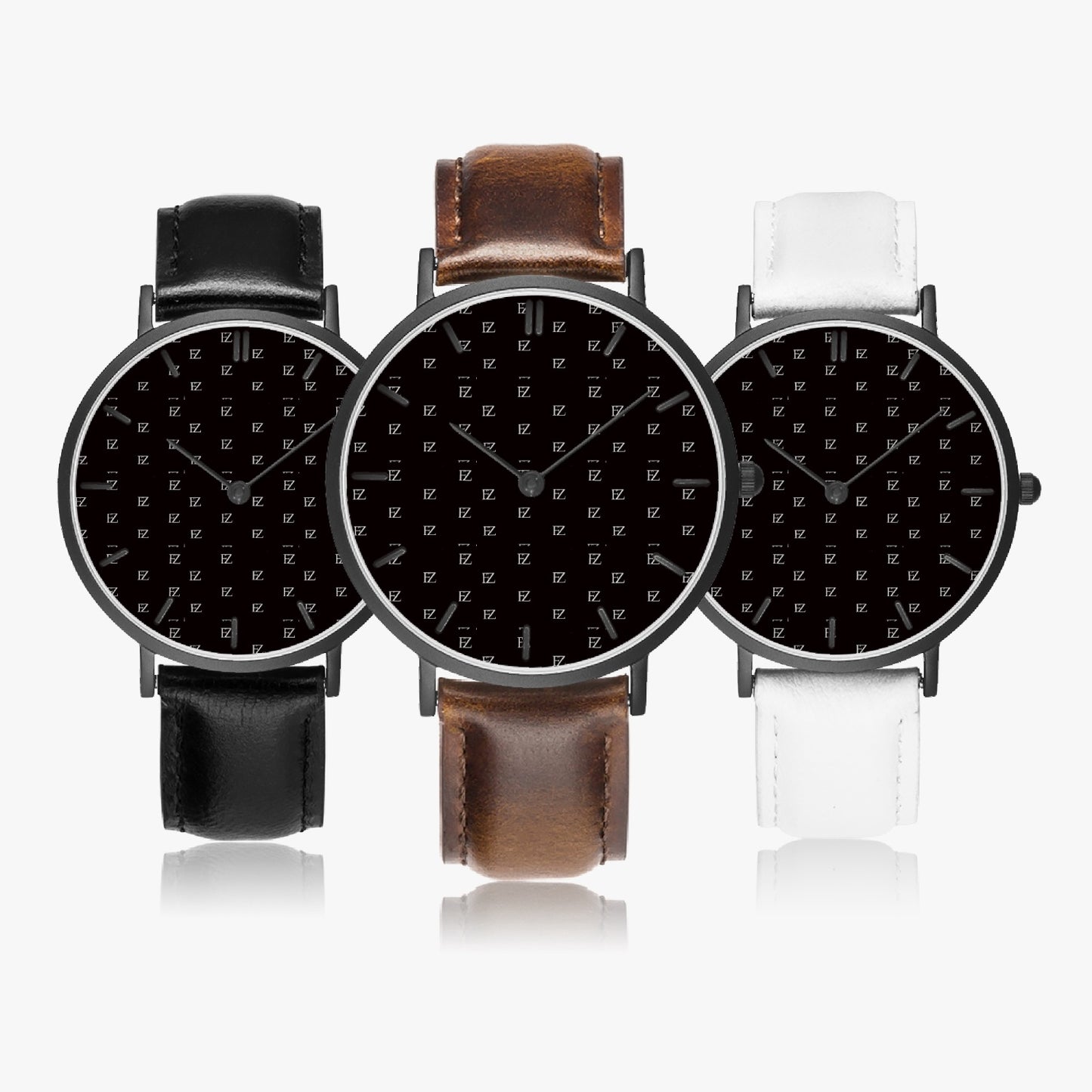 FZ Unisex Ultra-Thin Leather Strap Quartz Watch (Black With Indicators) - FZwear