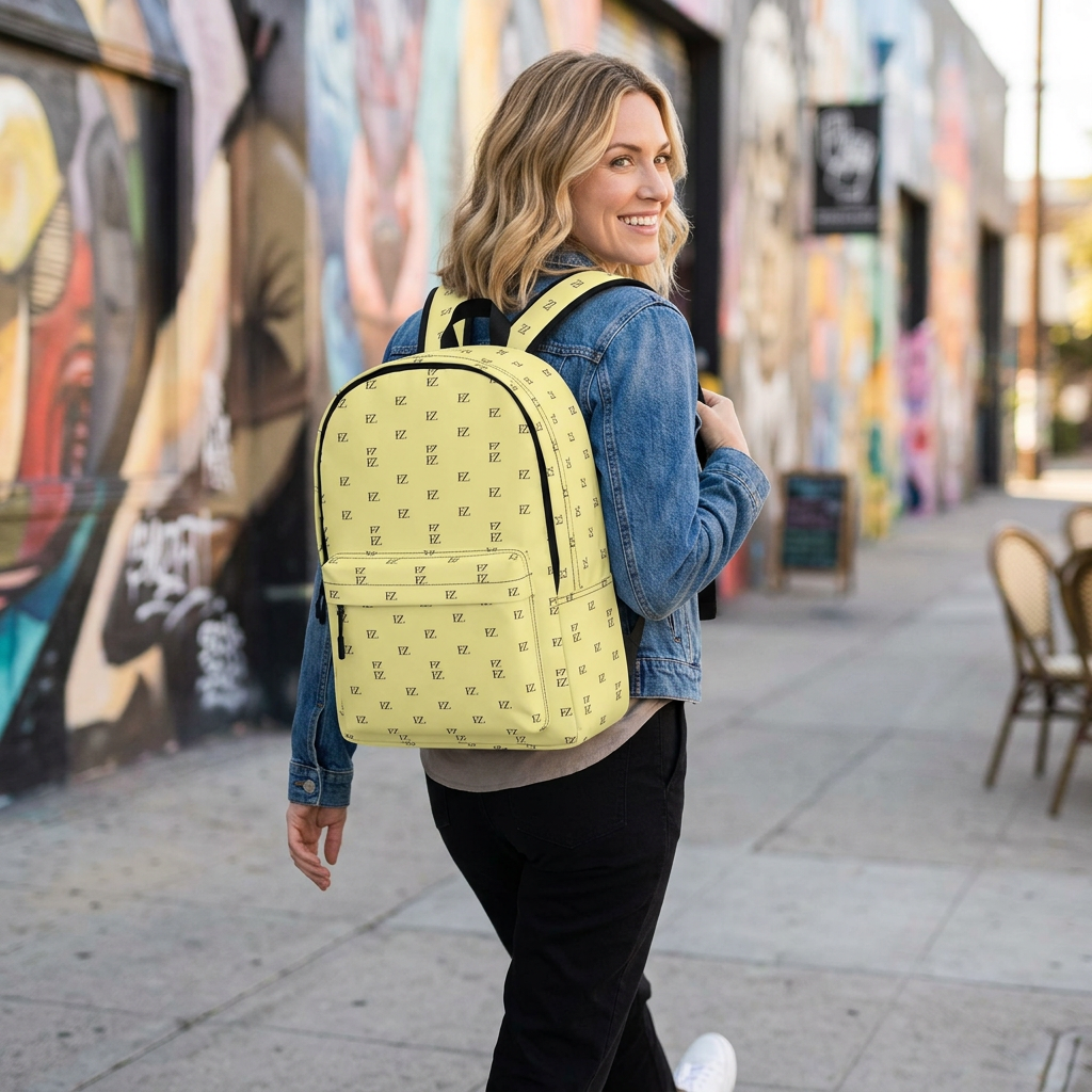 Female model wearing the pale-yellow backpack in an arts district