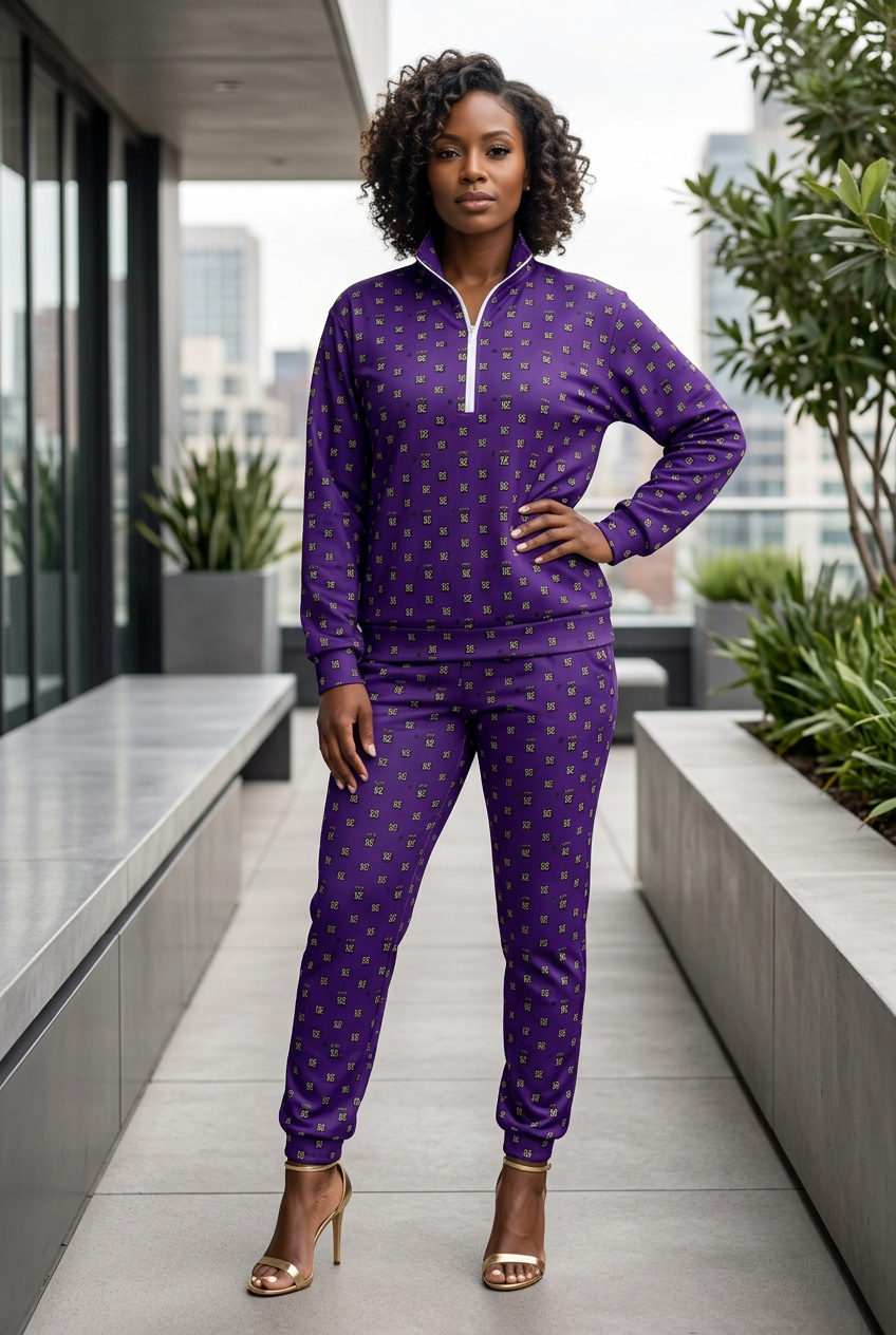 Female model wearing the purple two-piece fitted tracksuit with heels