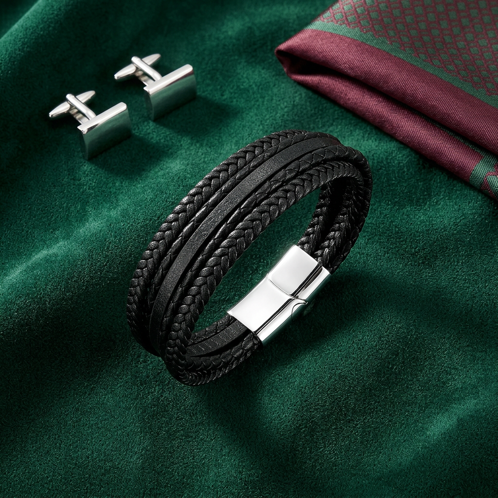 Flat lay of the all-black braided leather bracelet laid in an S-curve on forest-green velvet with cufflinks and pocket square
