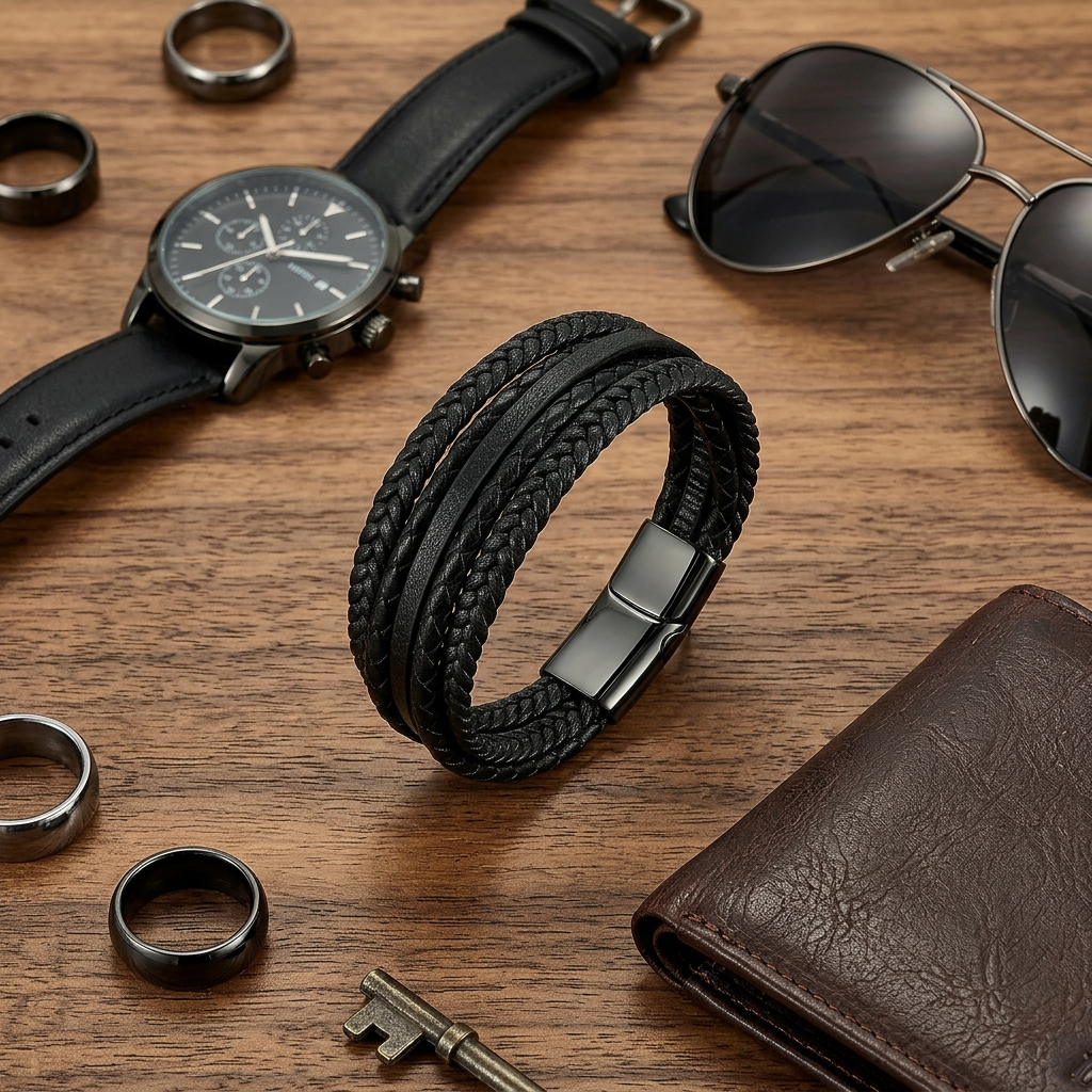 Flat lay of the all-black braided leather bracelet lying on its side among accessories on warm walnut wood