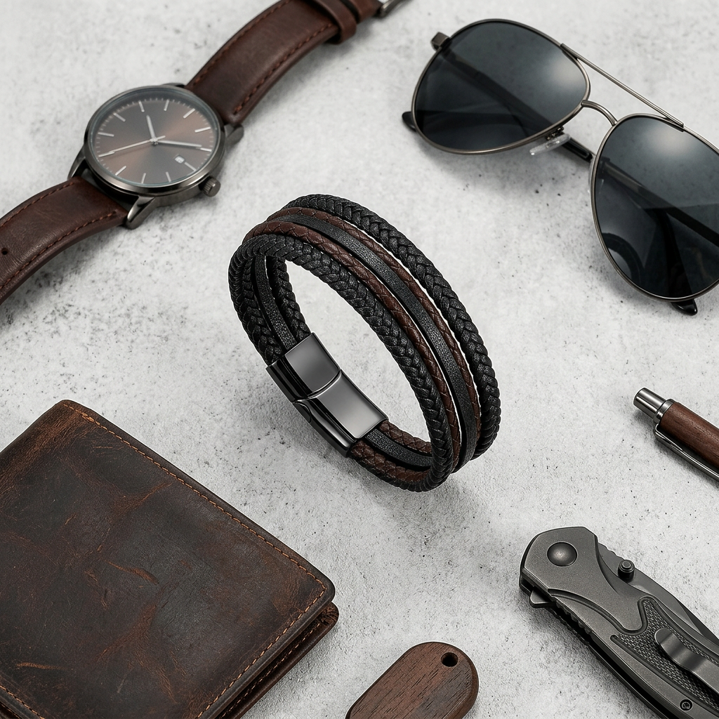 Flat lay of the black and brown braided leather bracelet lying on its side among accessories on light gray concrete