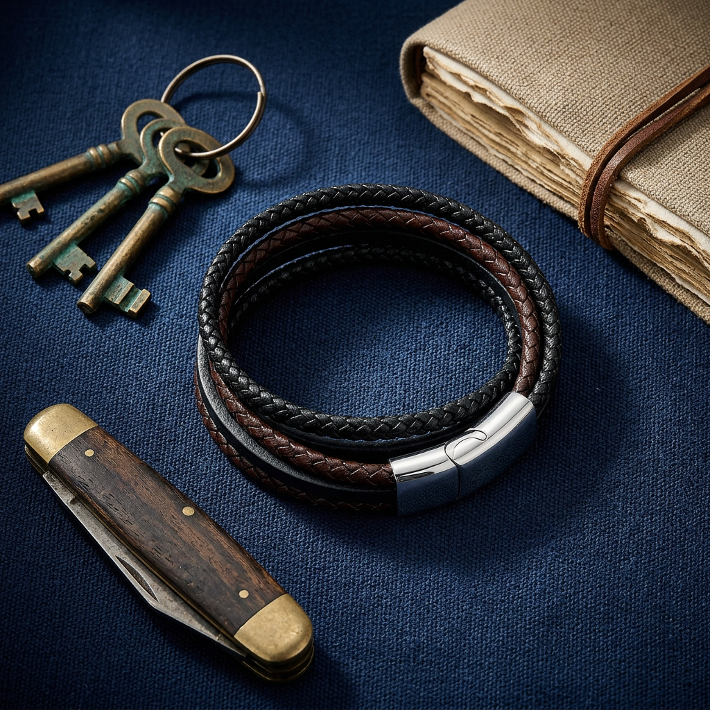 Flat lay of the black and brown braided leather bracelet with silver clasp, coiled with pocket knife, keys, and notebook on deep navy