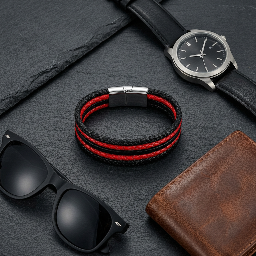 Flat lay of the black and red braided leather bracelet with a single clasp, lying on its side among a watch, sunglasses, and wallet on dark slate