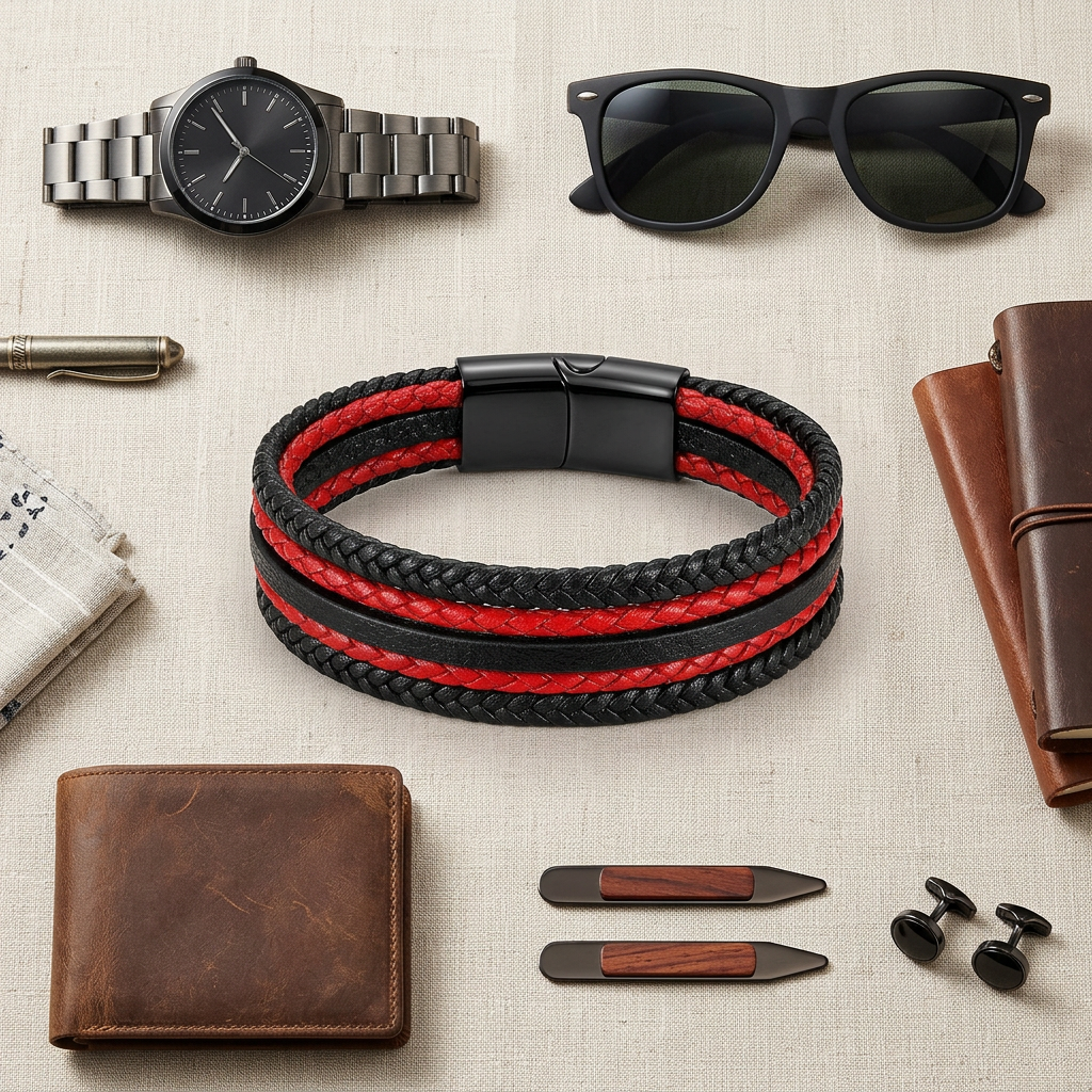 Flat lay of the black and red braided leather bracelet with black clasp lying on its side among accessories on light beige linen