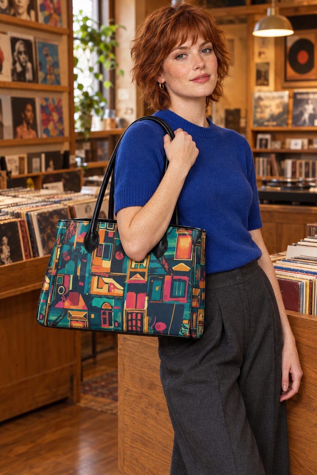 Freckled red-haired model shoulder-carrying the handbag in a record shop