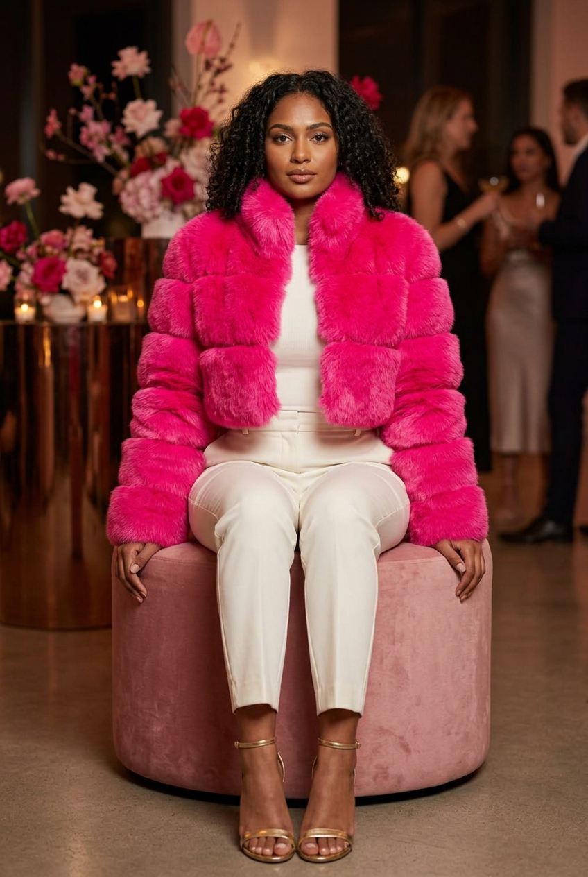 Fuchsia cropped fur coat at an evening fashion launch