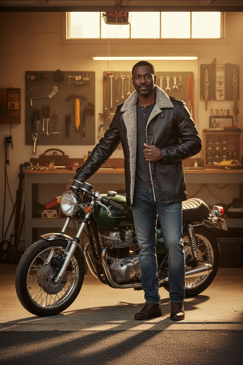 Garage doorway, jacket unbuttoned