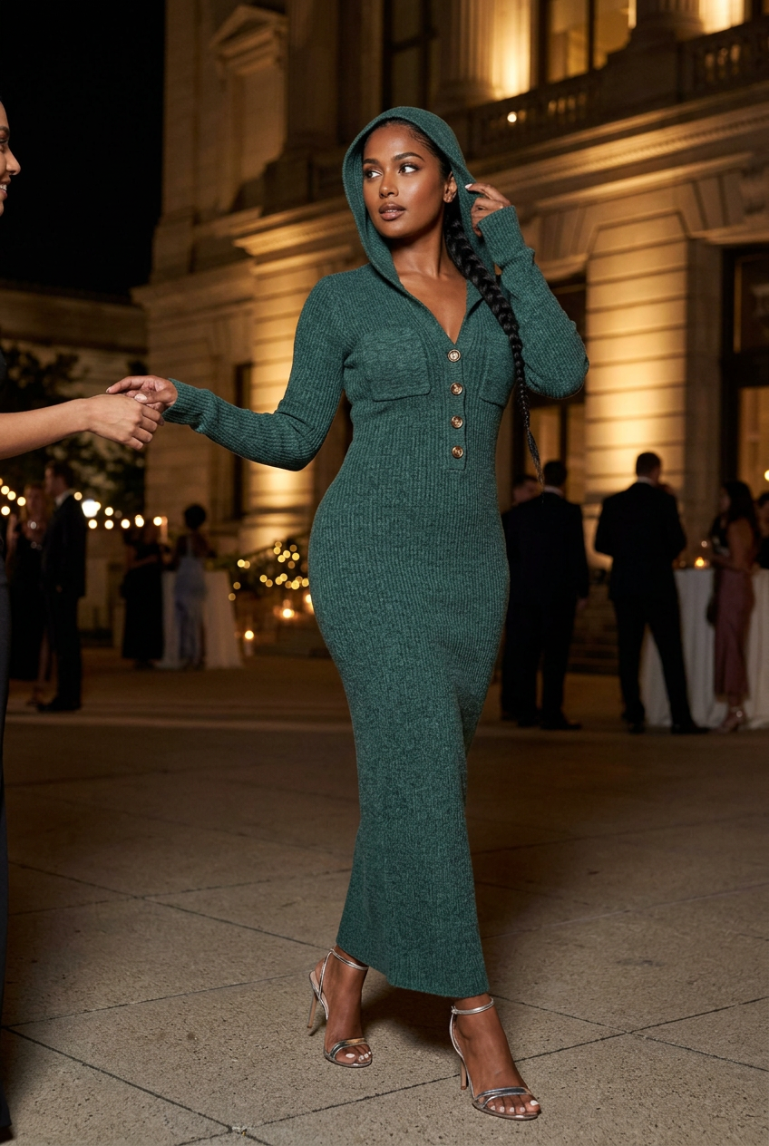 Green dress, museum evening front view