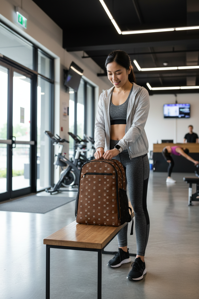 Gym entrance bench with backpack