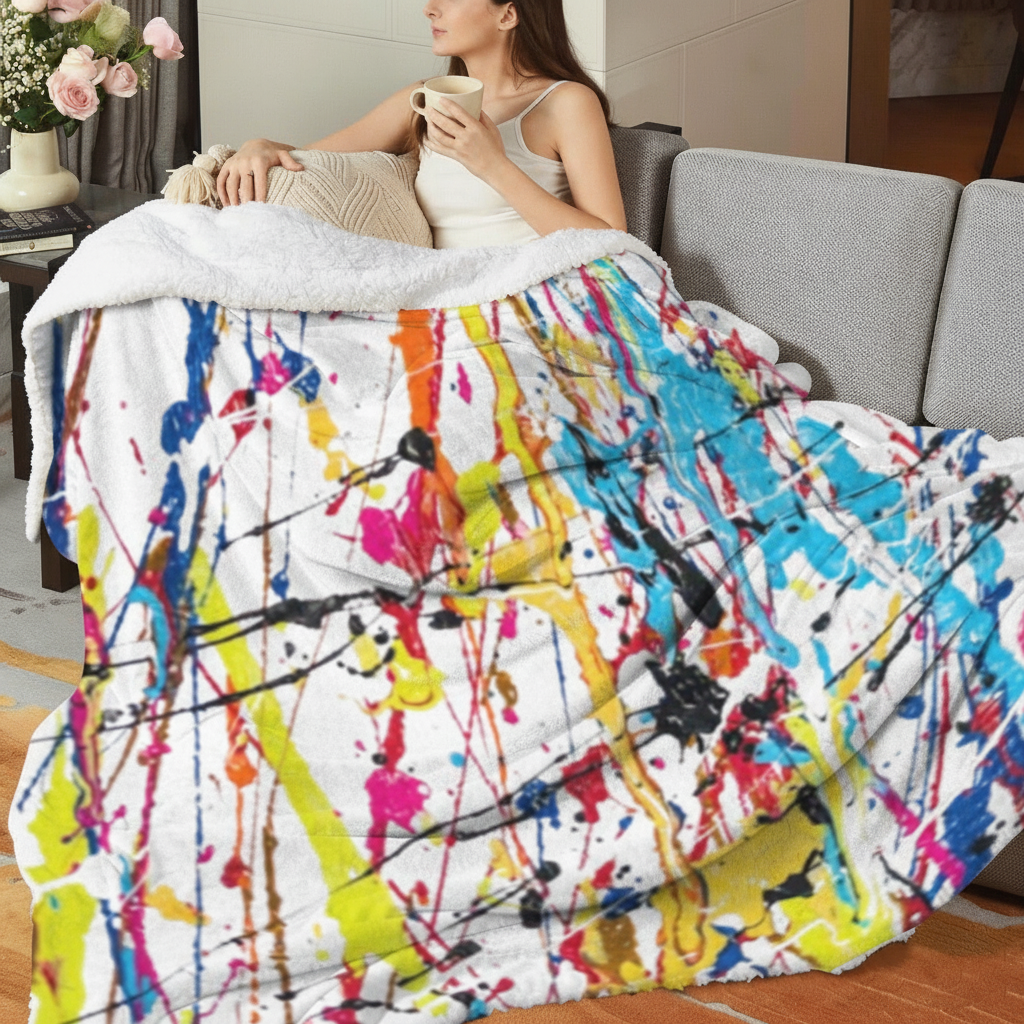 Hispanic female model paint splatter blanket lifestyle