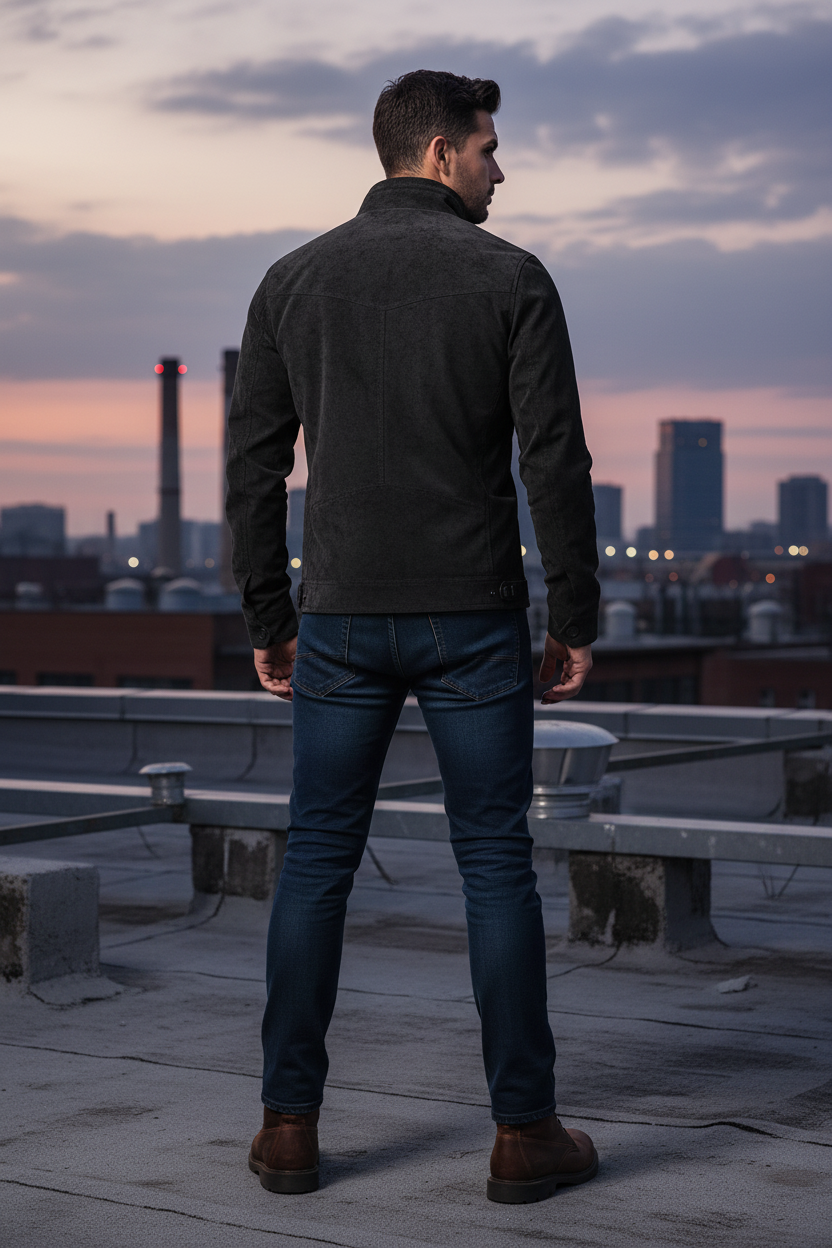 Hispanic male model, back view of black moto jacket