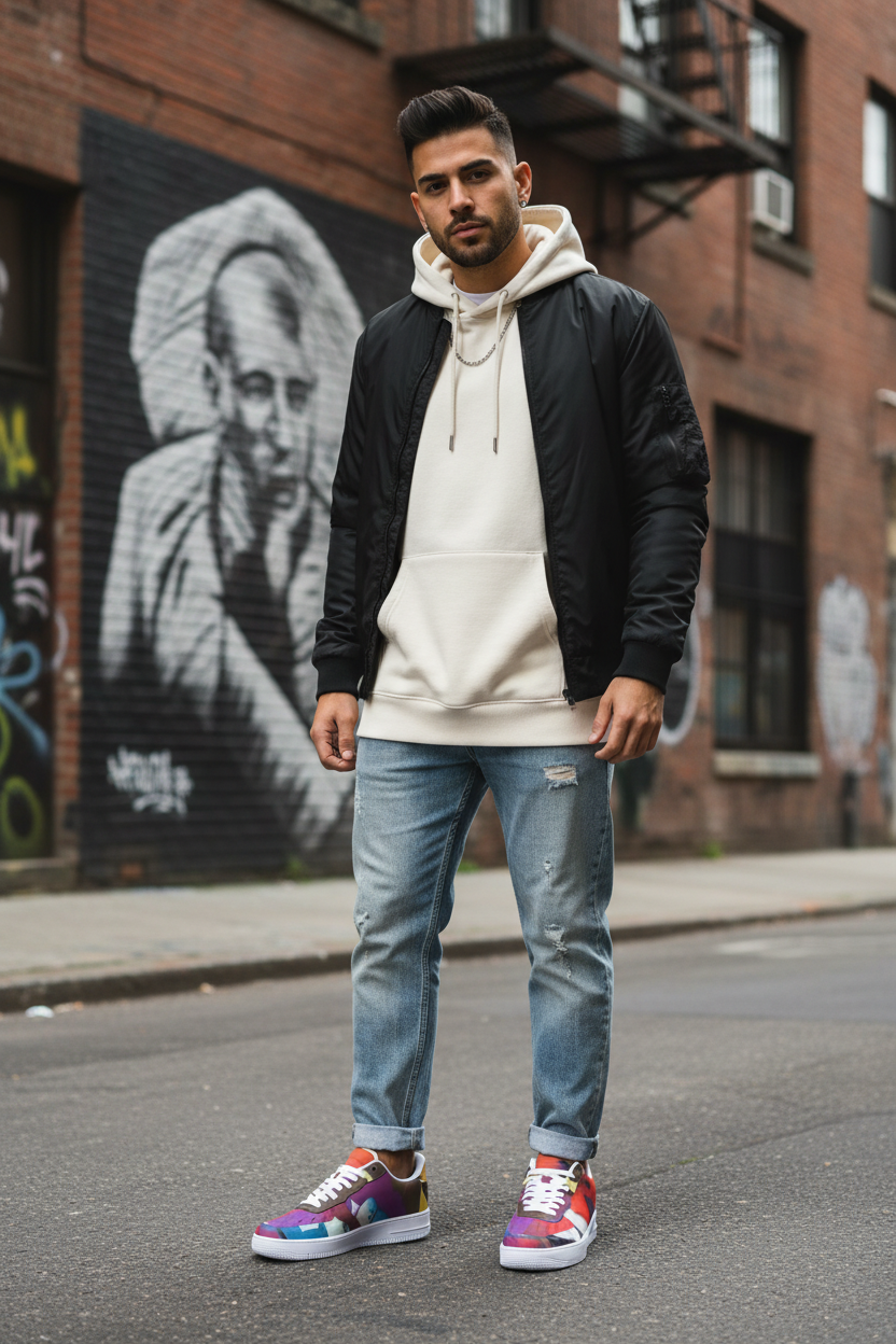 Hispanic male model colorful AF1 sneakers