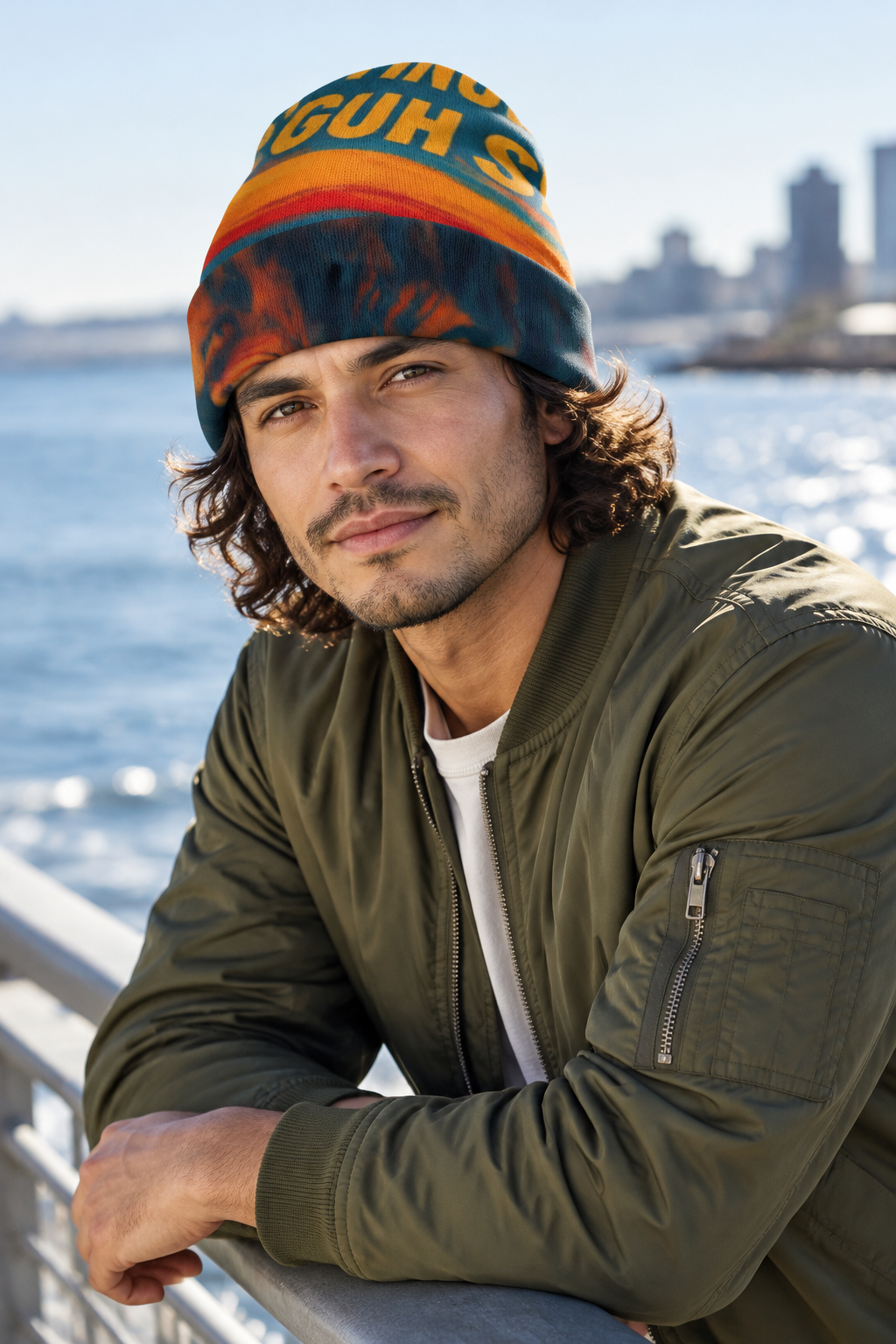 Hispanic male model leaning on a waterfront railing wearing the beanie