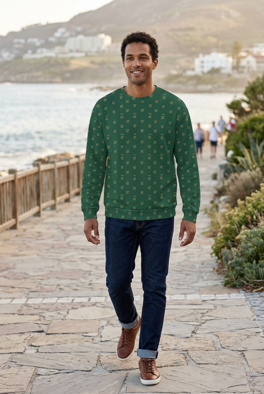 Hispanic male model walking along a coastal promenade