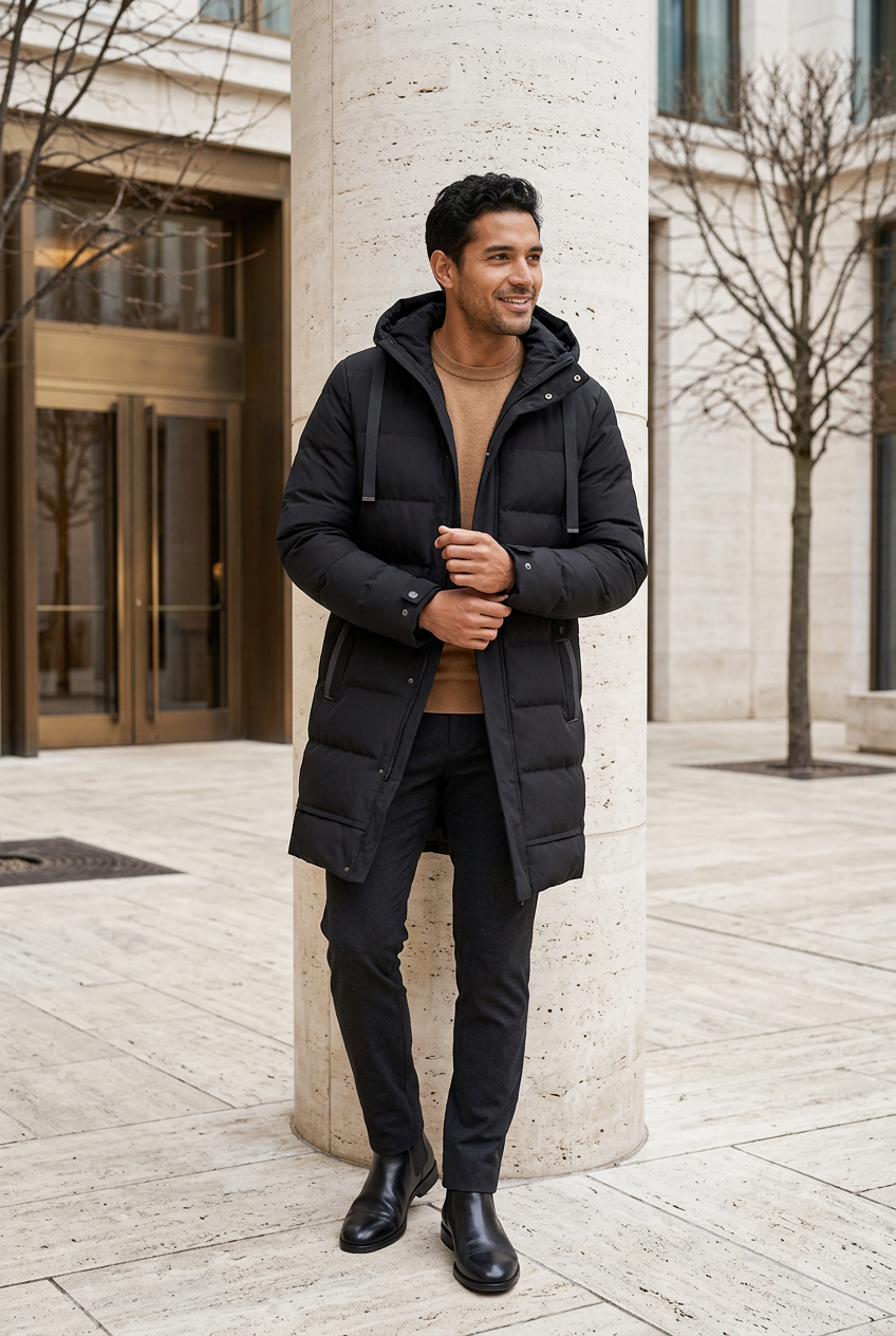 Hispanic male model wearing the black parka in a hotel courtyard