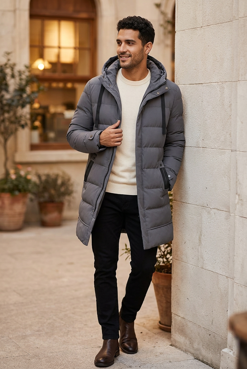 Hispanic male model wearing the gray quilted parka with the hood up in a courtyard
