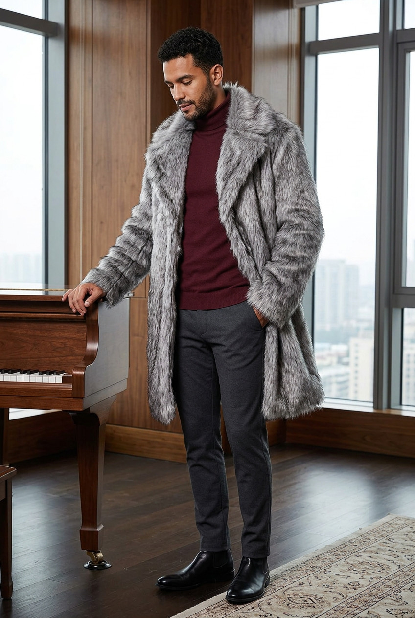Hispanic male model wearing the silver-gray coat in a contemporary music room