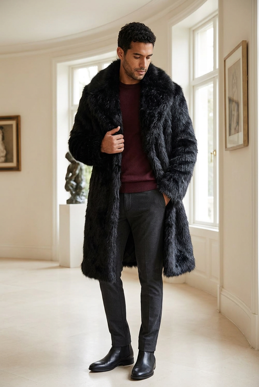Hispanic male model wearing the slim knee-length black coat in an art salon