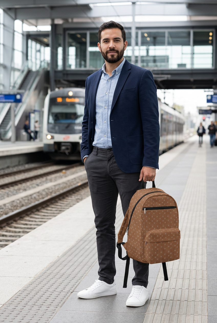 Hispanic man carrying the backpack by its top handle at a railway platform