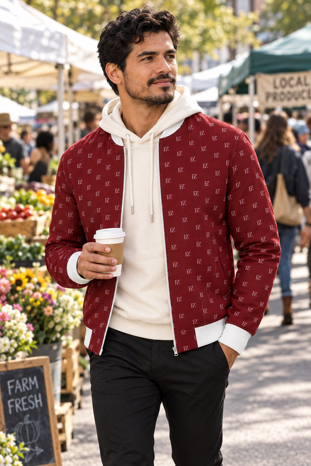 Hispanic man in the burgundy FZ bomber at a farmers market