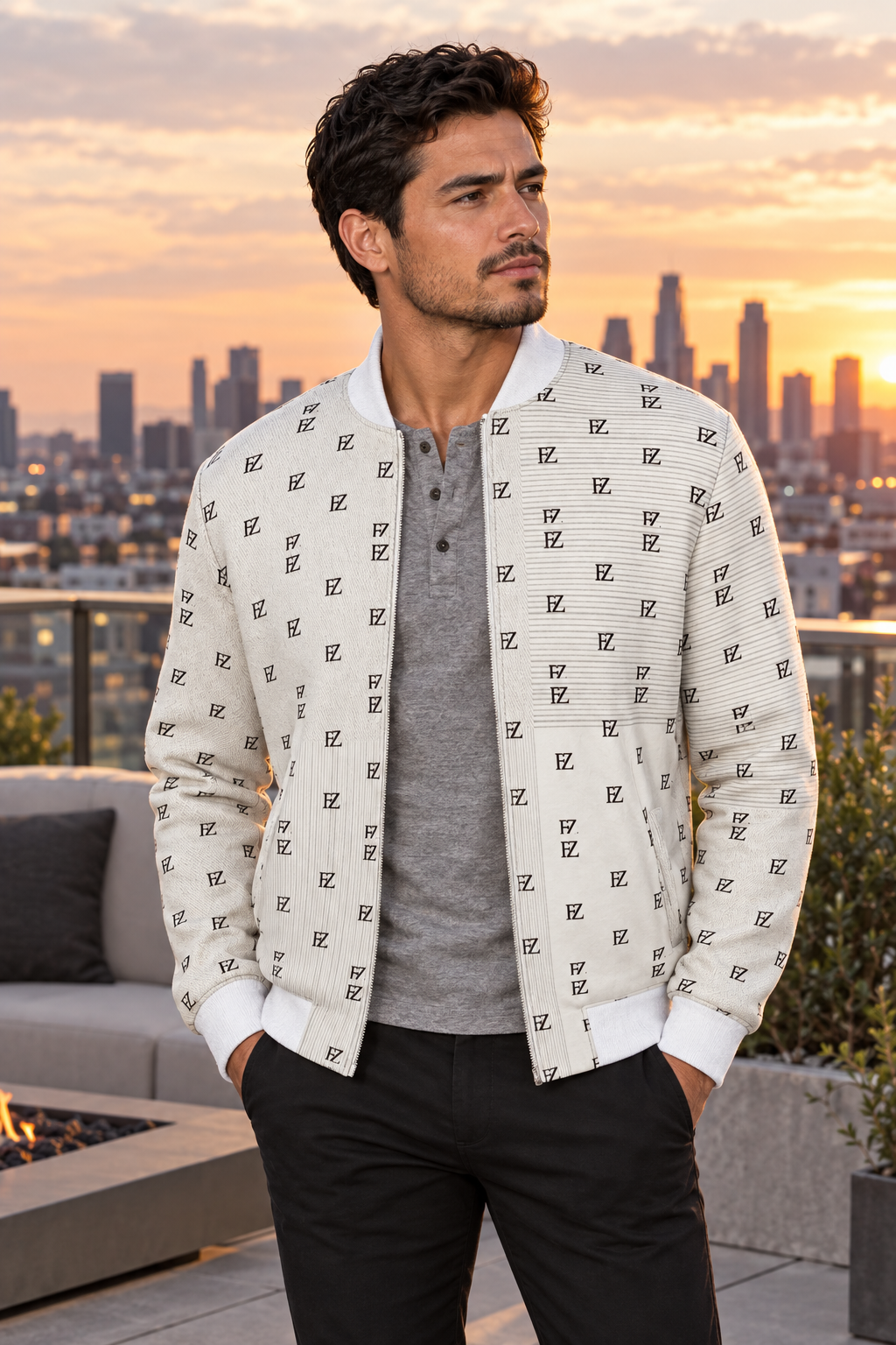 Hispanic man in the FZ denim bomber on a rooftop at sunset