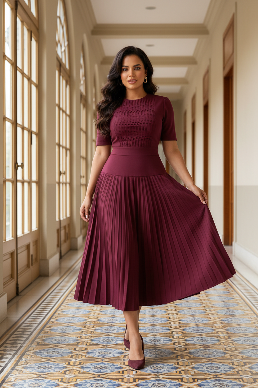 Hispanic model in burgundy pleated set in a European gallery
