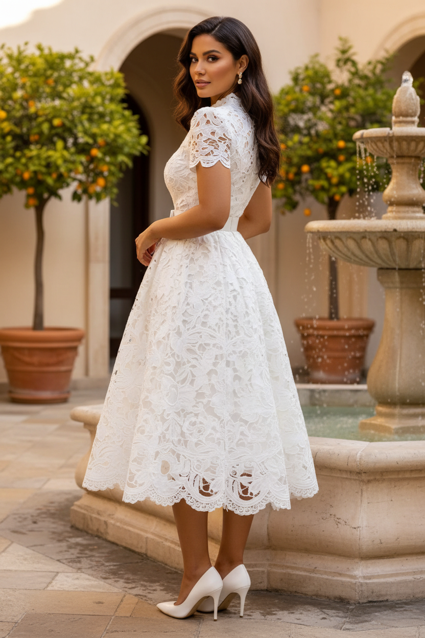 Hispanic model in white lace dress at a Mediterranean villa