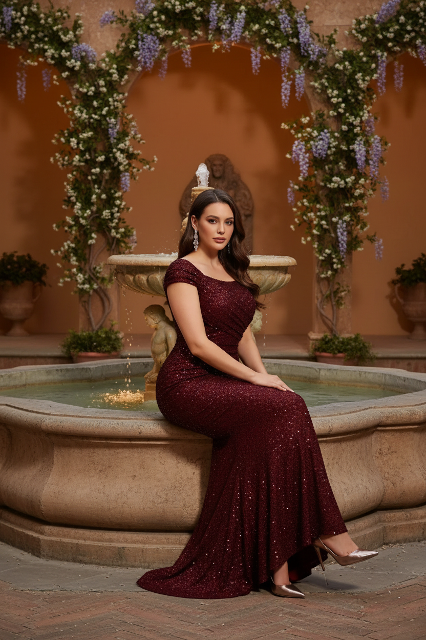 Hispanic model in wine-red gown in an Italian villa courtyard