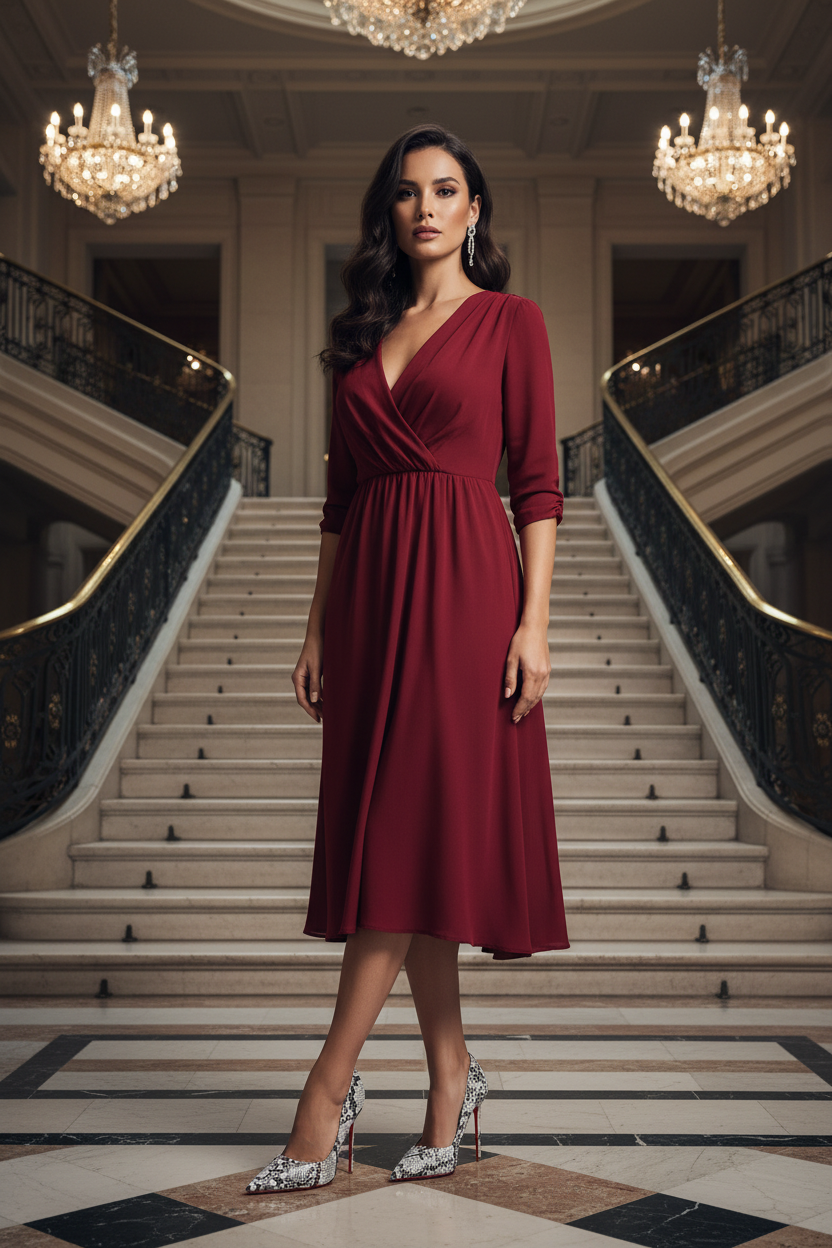 Hispanic model wearing snakeskin pumps in a hotel lobby