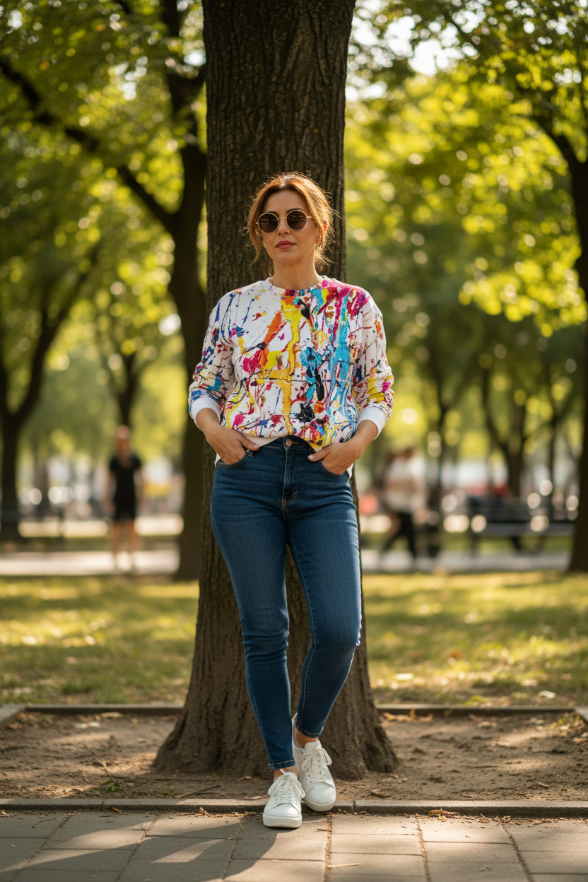 Hispanic woman in paint splatter sweatshirt, park setting
