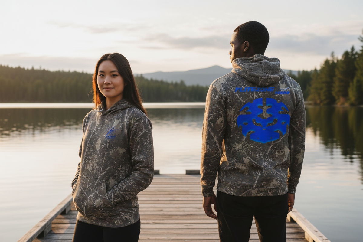 Hoodie lifestyle image at a lakeside dock