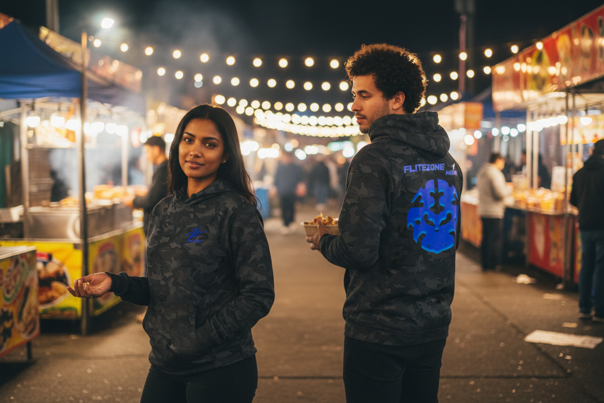 Hoodie lifestyle image at a night market