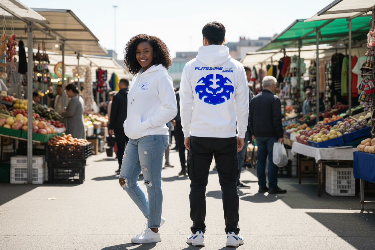 Hoodie lifestyle image at an open-air market