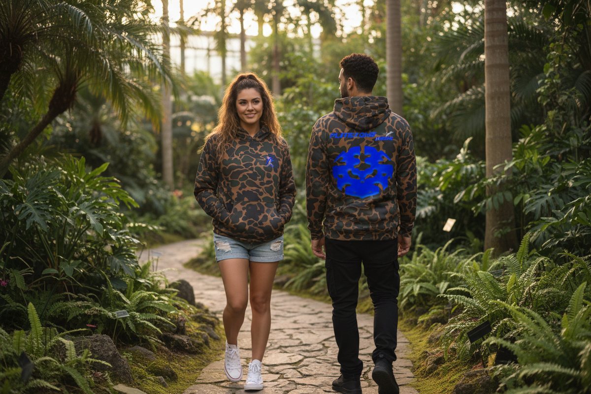 Hoodie lifestyle image in a botanical garden