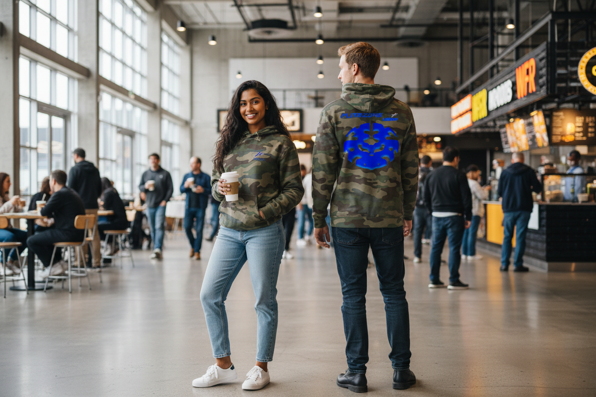 Hoodie lifestyle image in a modern food hall