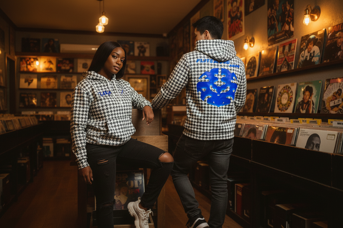 Hoodie lifestyle image in a record store