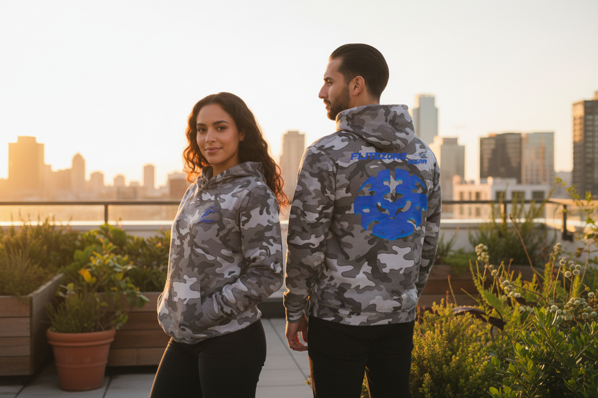 Hoodie lifestyle image in a rooftop garden