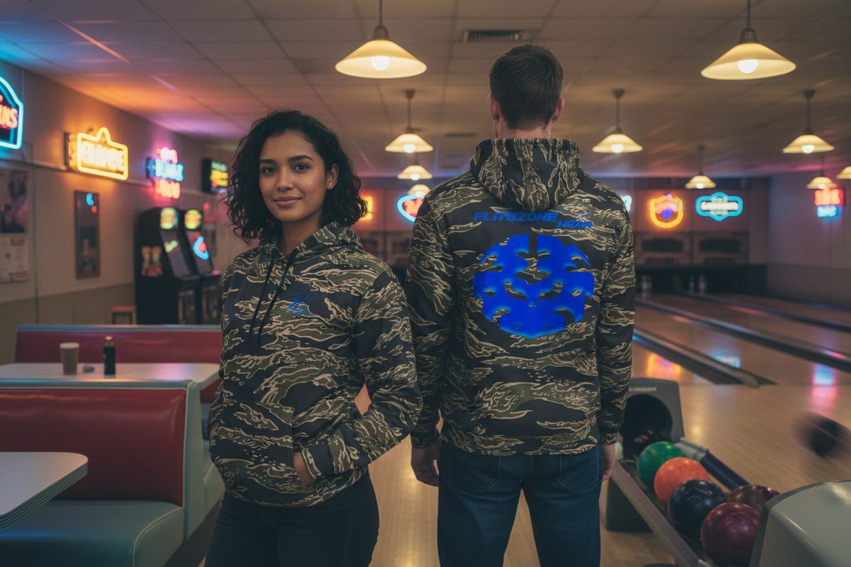 Hoodie lifestyle image in a vintage bowling alley