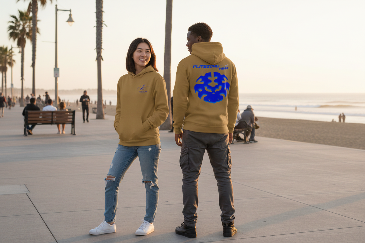 Hoodie lifestyle image on a seaside boardwalk