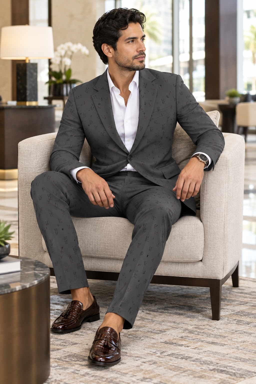 Hotel lobby matching-suit look