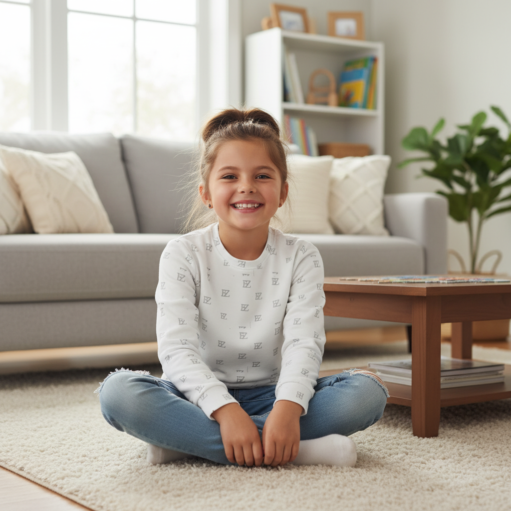 Girl wearing white FZ monogram sweatshirt indoors