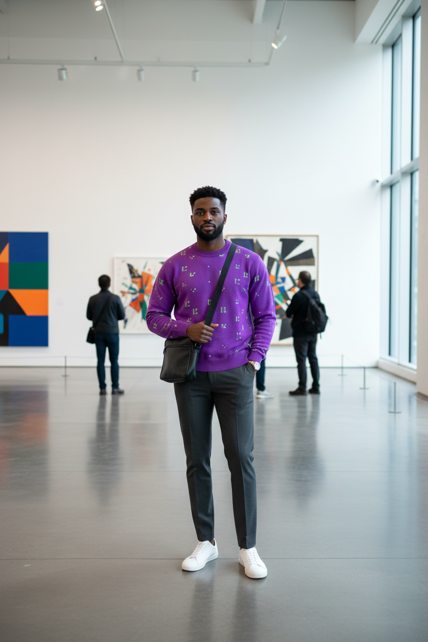 Black male model wearing purple FZ sweater, modern art gallery interior