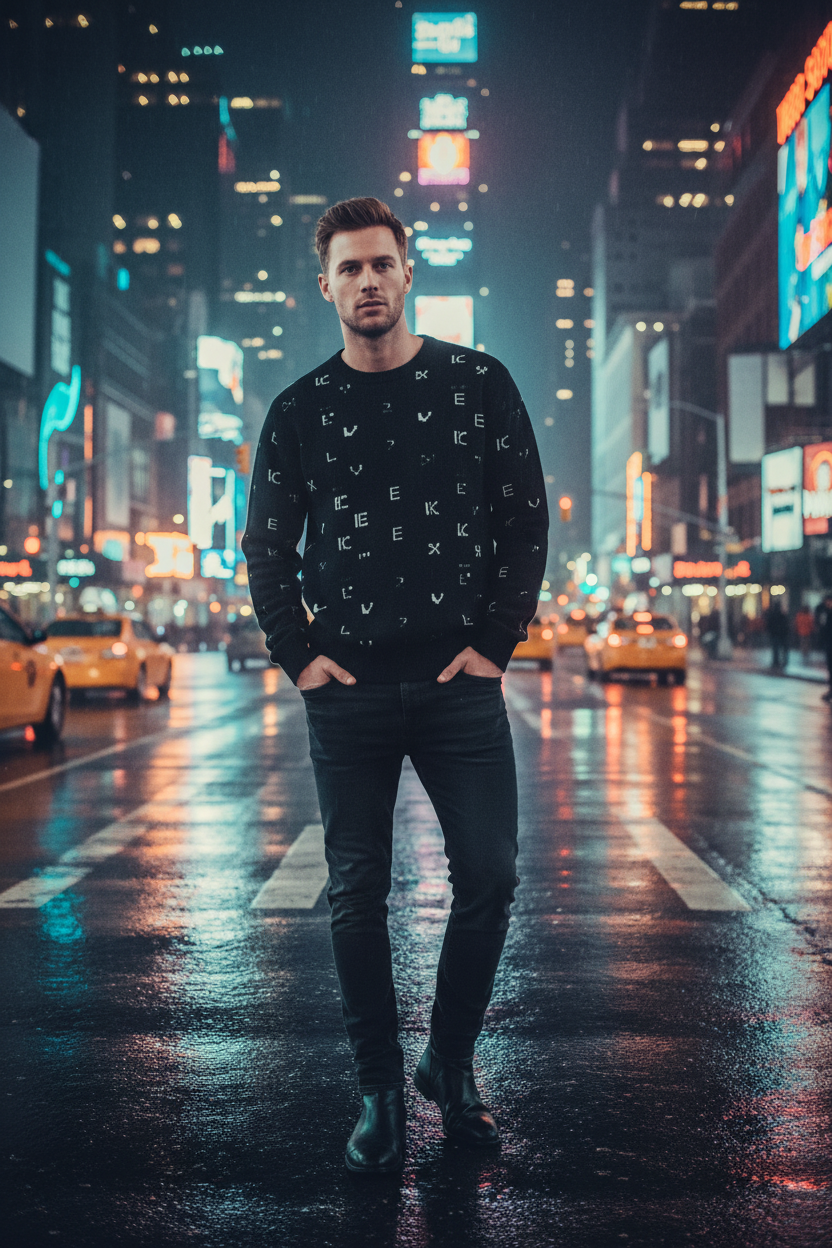 White male model wearing black FZ sweater, neon-lit city street at night
