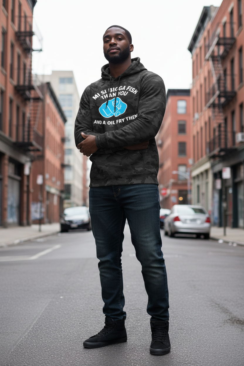 Black camo hoodie - Black male model, urban street