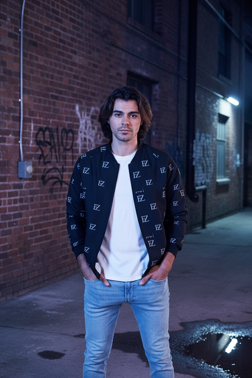 White male model wearing FZ black monogram bomber jacket, industrial brick alley background