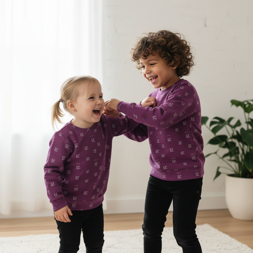 Two kids wearing purple FZ monogram sweatshirts
