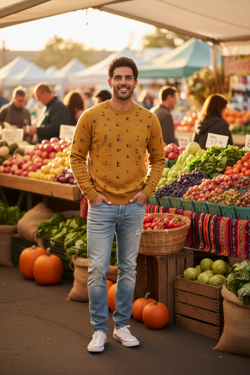 Hispanic male model wearing mustard FZ sweater, sunny farmers market