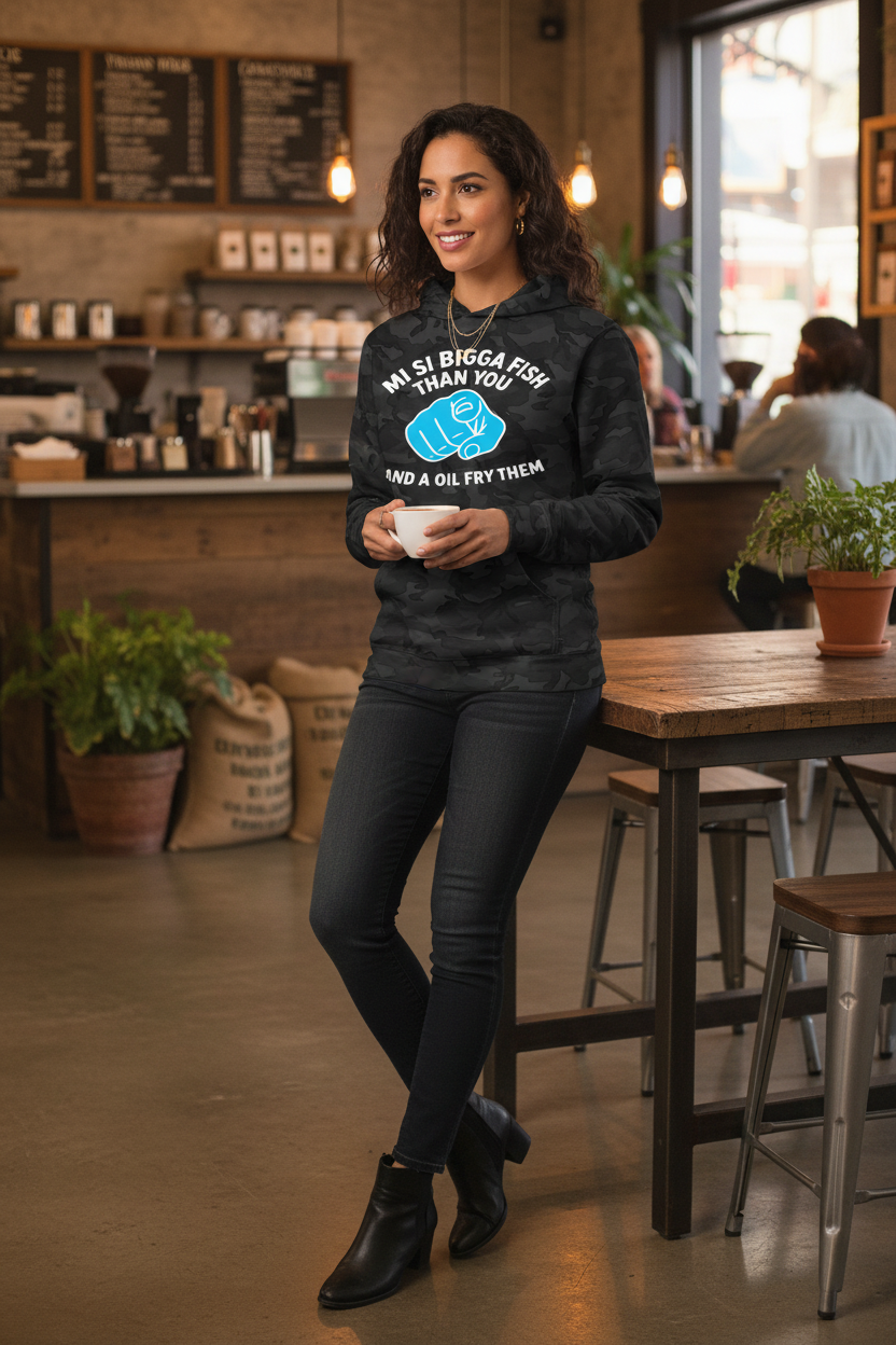 Black camo hoodie - Hispanic female model, coffee shop